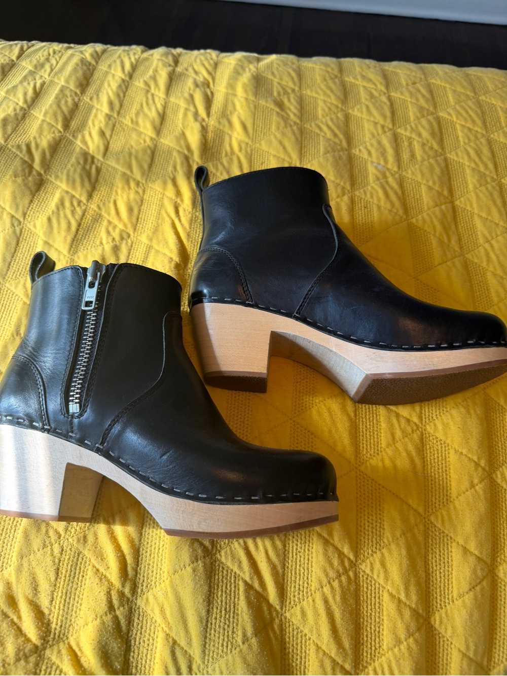 Swedish Hasbeens Black Leather Platform Clog Booties with Side Zip